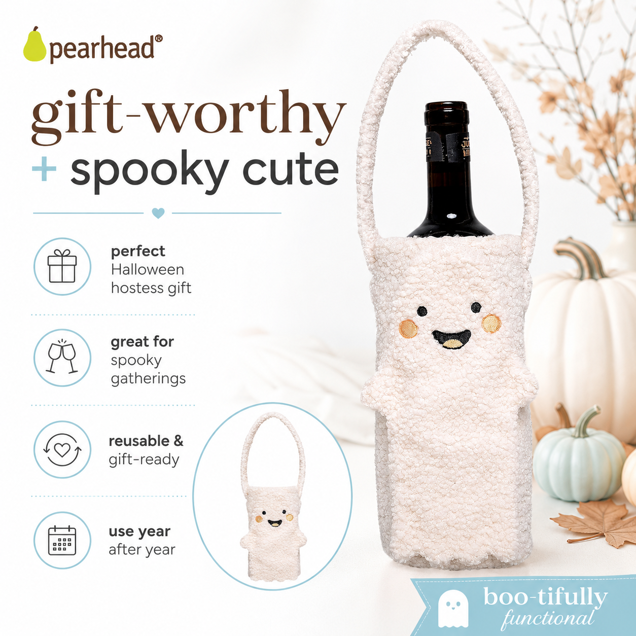 Pearhead - Ghost Sherpa Wine Bottle Gift Bag, Hostess Gift