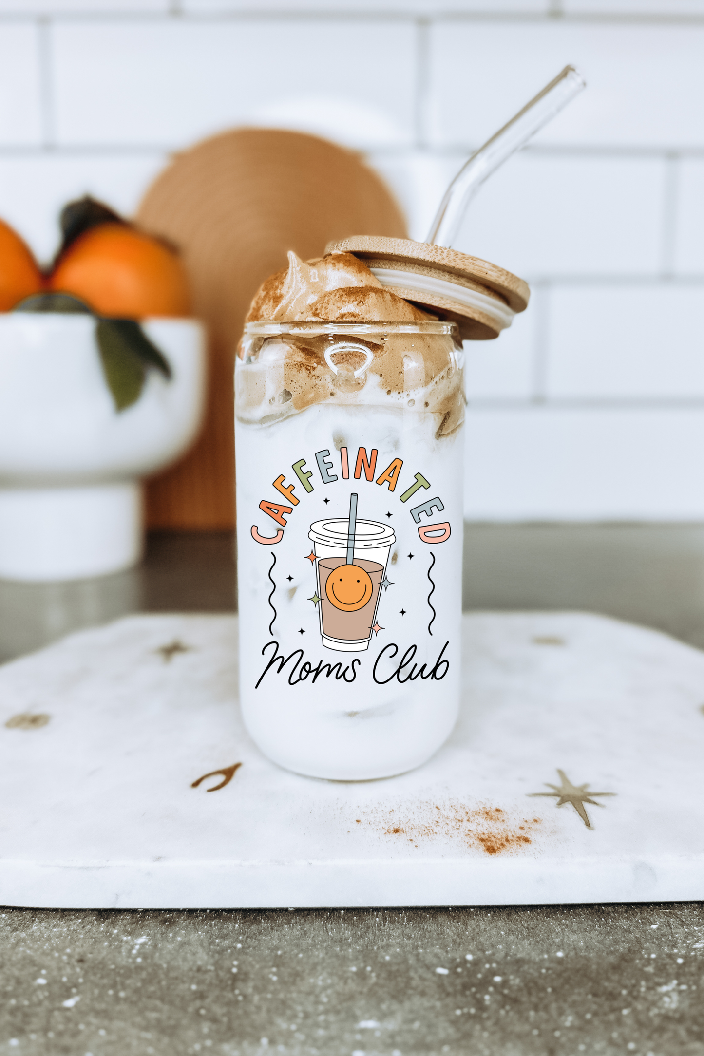 Boho + Babe - Caffeinated Mom's Club 16 oz Glass Cup with Bamboo Lid