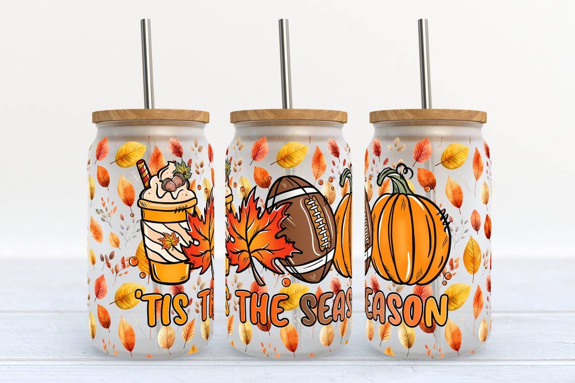 Tis the Season Fall Football - 16oz Libbey Glass Tumbler
