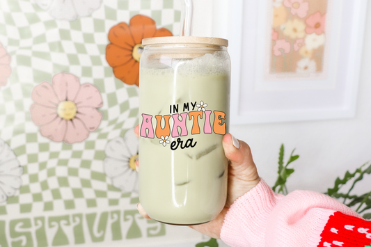 Boho + Babe - In my Auntie Era 16 oz Glass Cup with Bamboo Lid