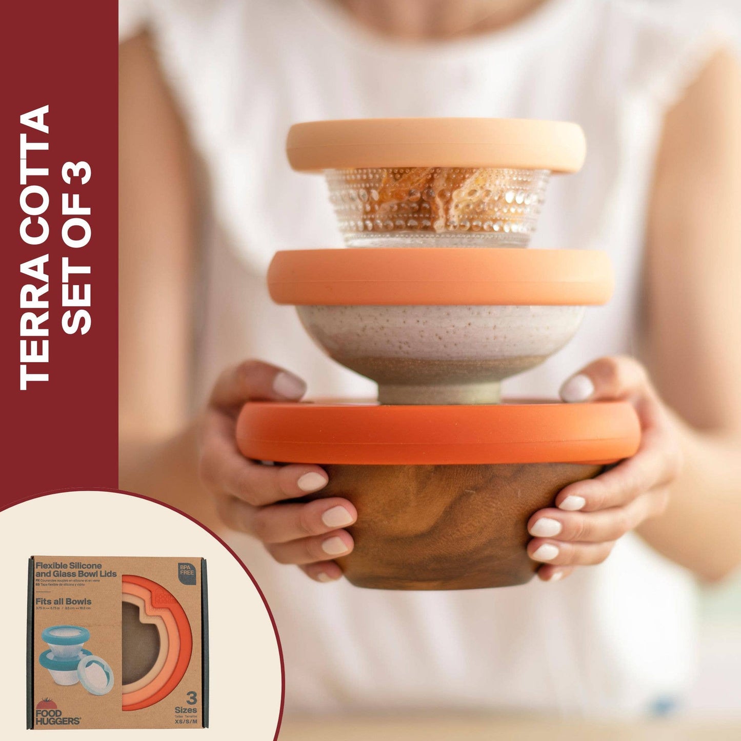 Food Huggers - Glass Bowl Lids with Silicone Seal (Set/3) – Terra Cotta
