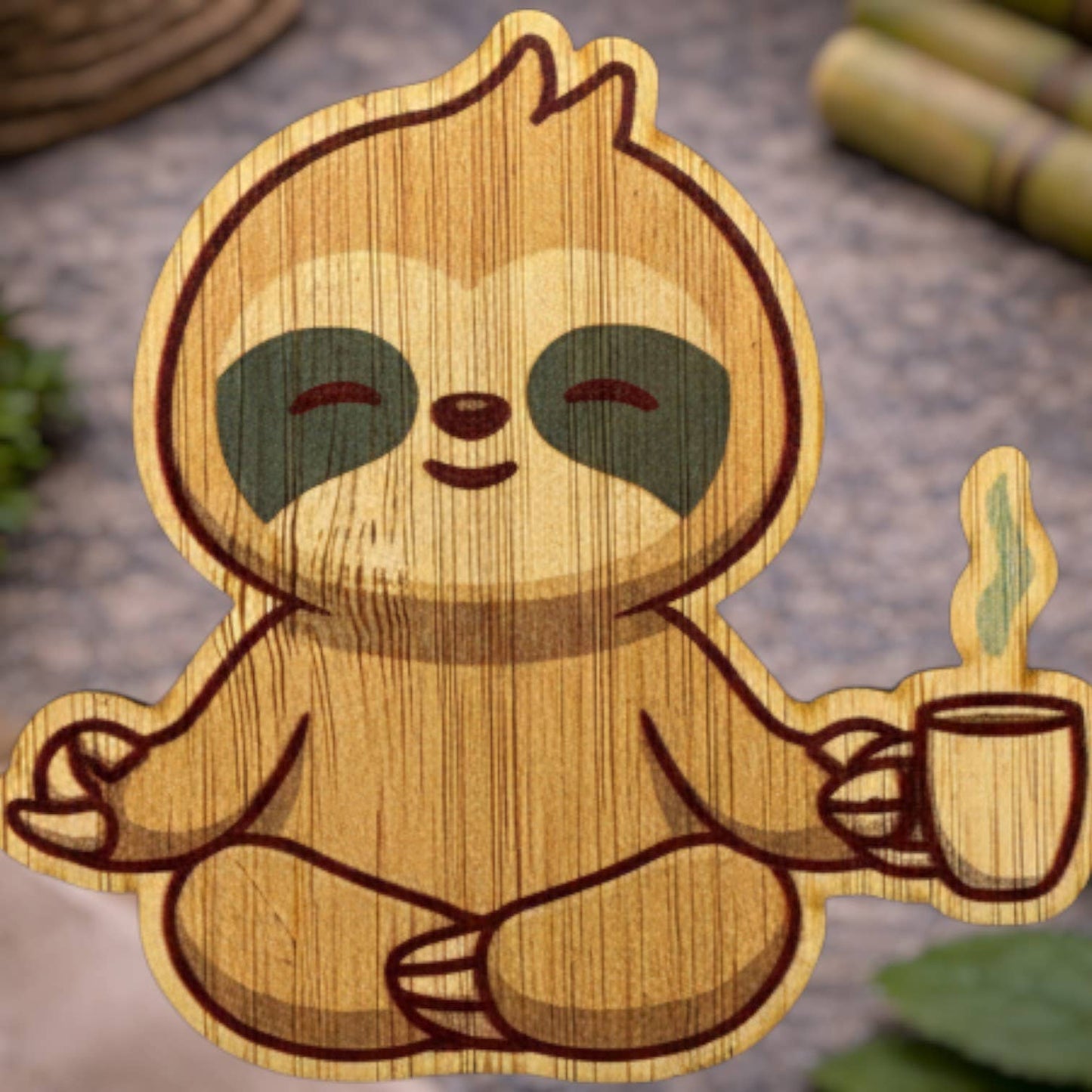 Bamboo Wood Stickers - Sloth W/ Coffee