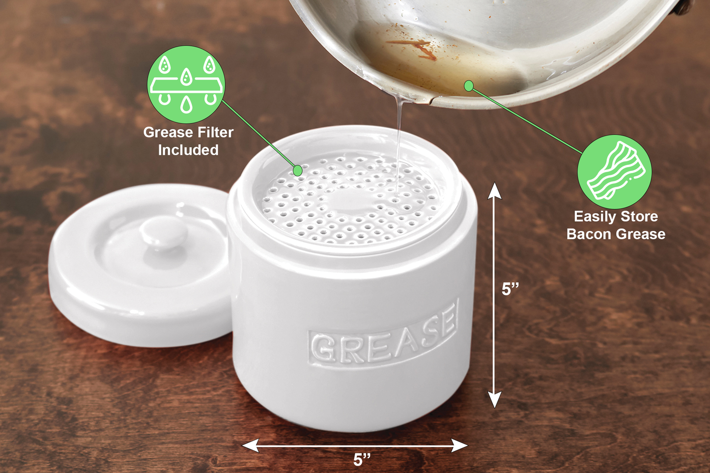 Fox Run Brands - Fox Run Porcelain Grease Container, White, 5" x 5" x 5"