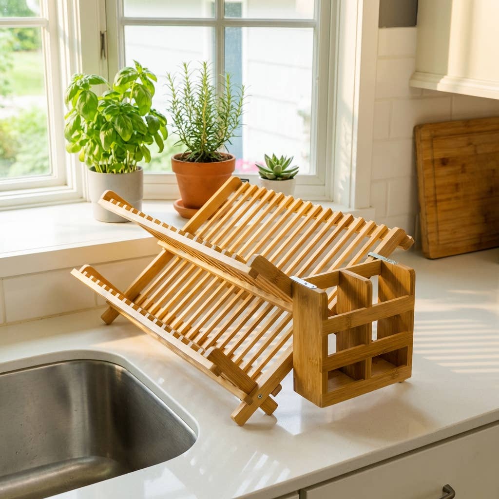 Bamboo Collapsible Drying Rack with Utensil Caddy