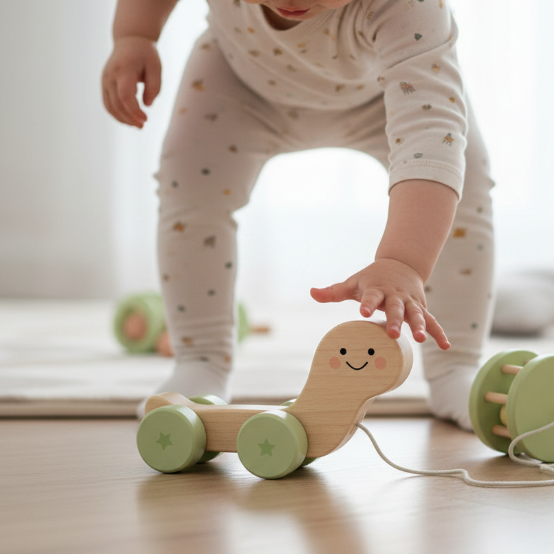Pearhead - Turtle Wooden Pull Toy, Rattle Shell, Baby or Toddler Toy