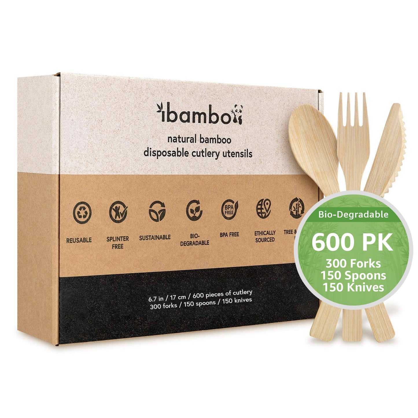 Ibambo Bamboo Disposable Cutlery - Mixed Set - 600 Pack