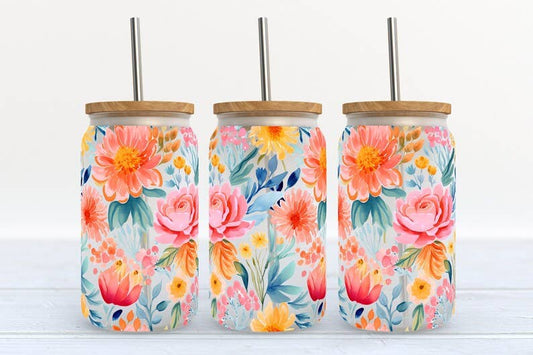 Kate Haven Glass Tumblers for Every Occasion - Brightly Colored Flowers 16oz Frosted Libbey Glass Tumbler 