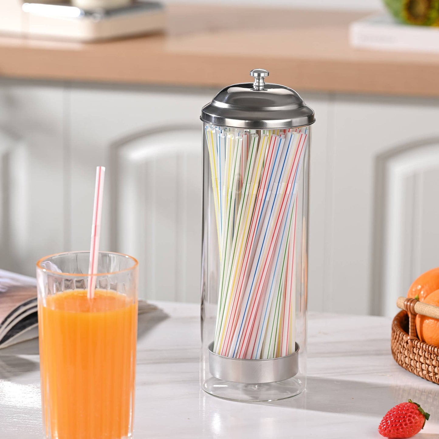 Fox Run Brands - Fox Run Glass Straw Holder with Stainless Steel Lid & Lifter