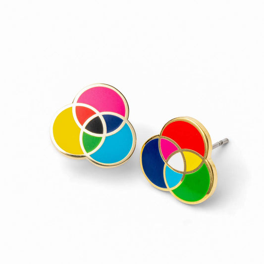 RGB and CMYK Earrings - Gold Colorful Artist Statement Studs