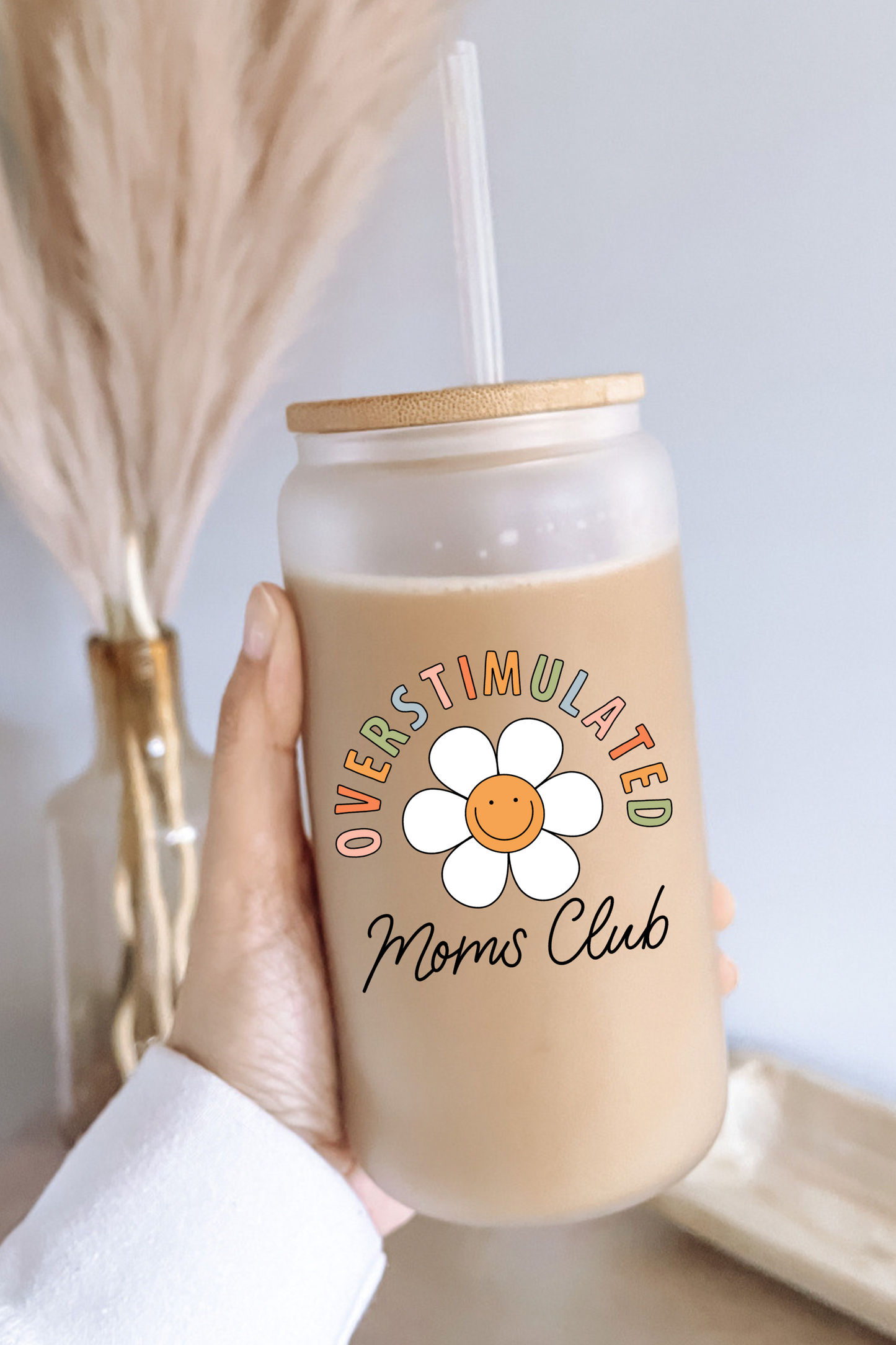 Boho + Babe - Overstimulated Moms Club 16 oz Glass Cup with Bamboo Lid