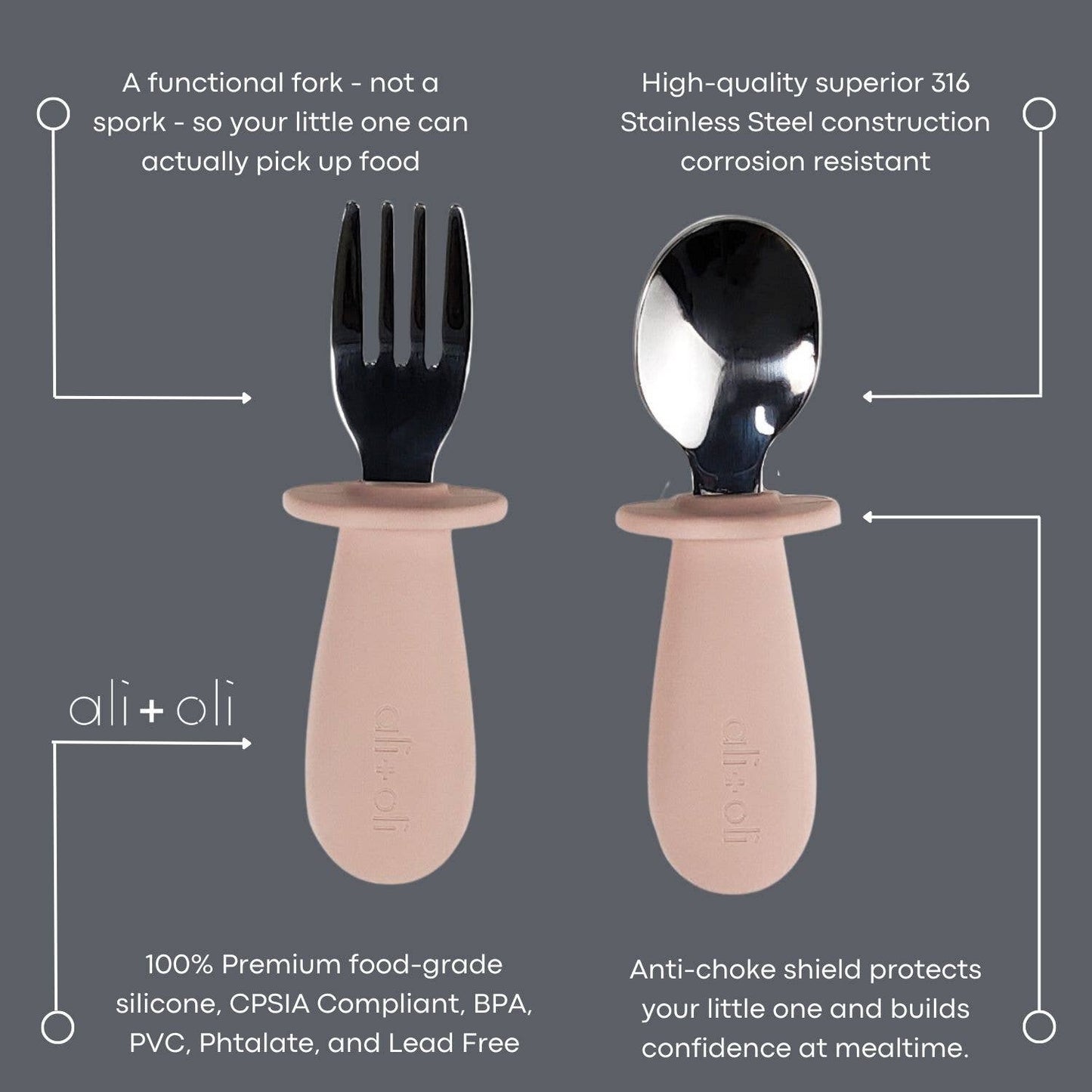 Ali+Oli - Ali+Oli Spoon & Fork Learning Set for Toddlers (Pink) 6m+