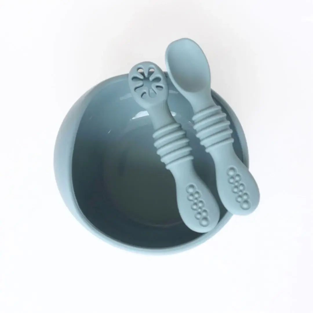 Suction Bowl & Training Spoons - Dusty Teal