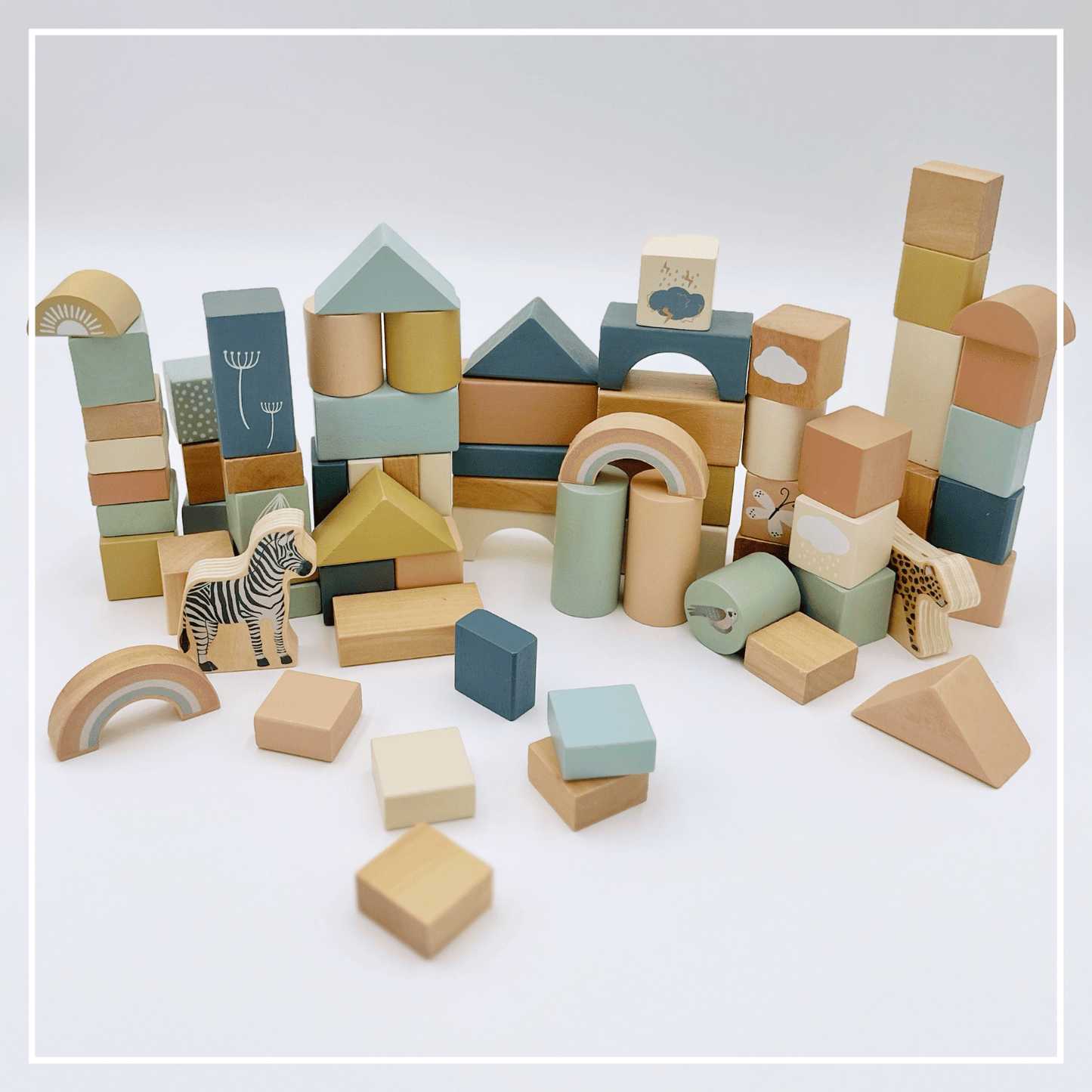 Wooden Safari Building Blocks - Set 70pc Natural Wood 2+