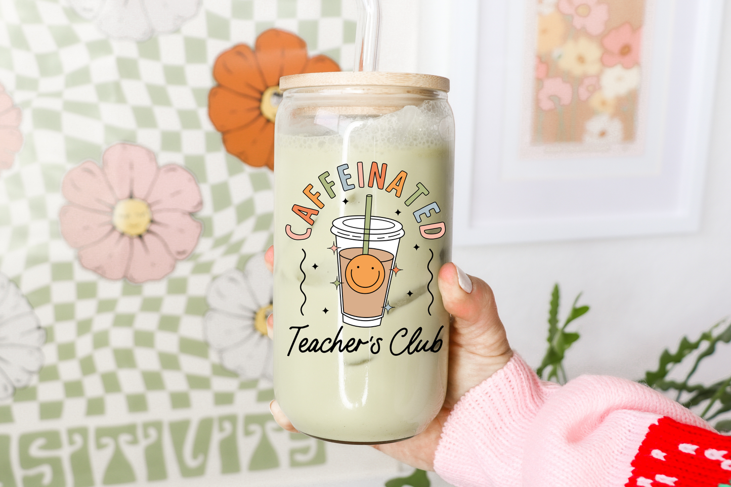 Boho + Babe - Caffeinated Teacher's Club 16 oz Glass Cup with Bamboo Lid