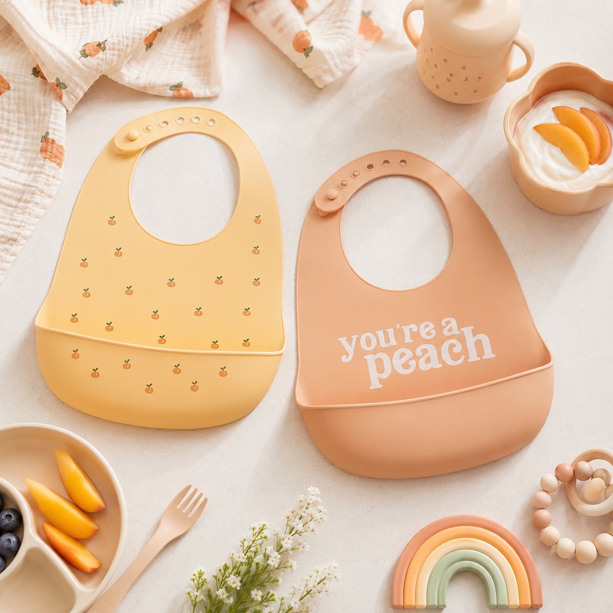 Pearhead - Baby Bib Set, You’re a Peach, Silicone, Set of 2