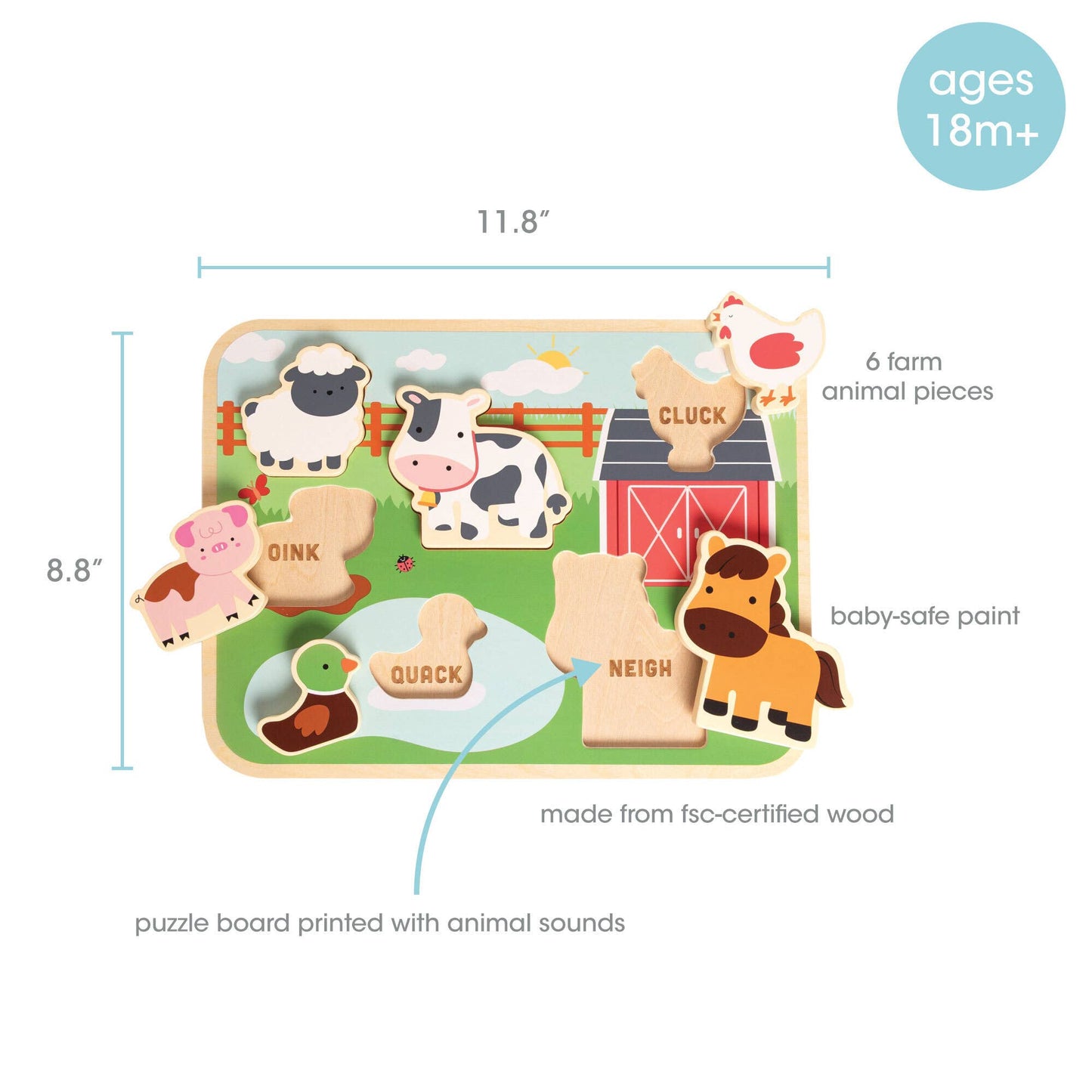 Pearhead - Wooden Barn Animal Puzzle, 6 piece Farm Sounds Learning Toy