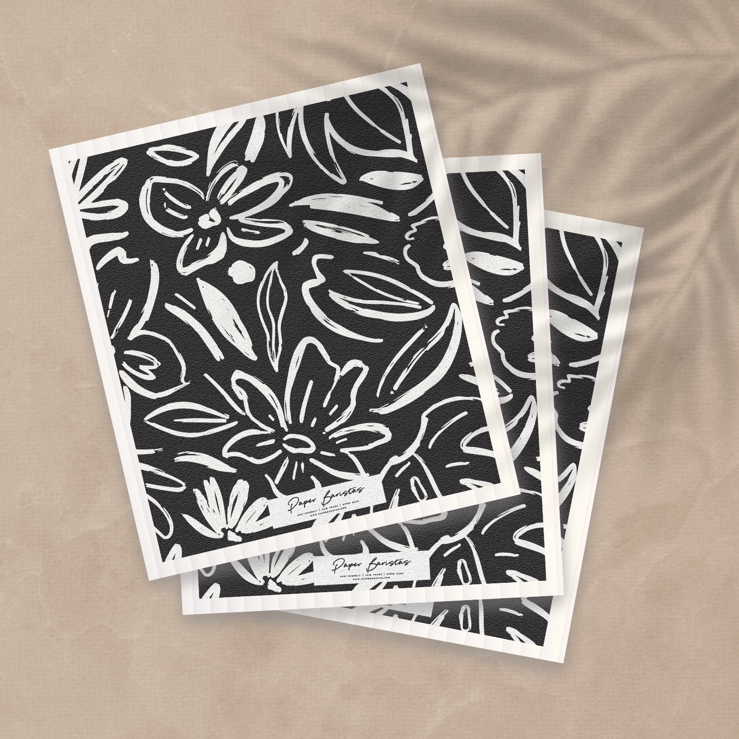 Paper Baristas - Set of 3 Swedish Dishcloth: Earthy Florals Black
