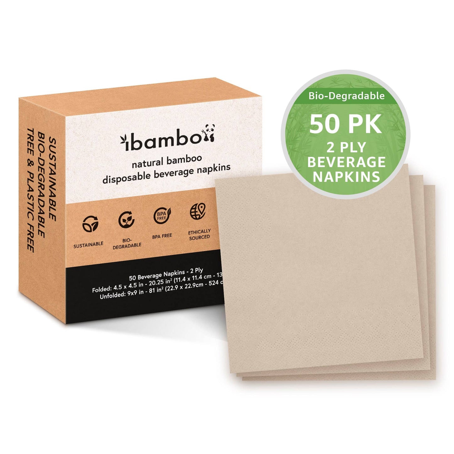 Ibambo Bamboo Cocktail Napkins - 50 Pack - 2 Ply