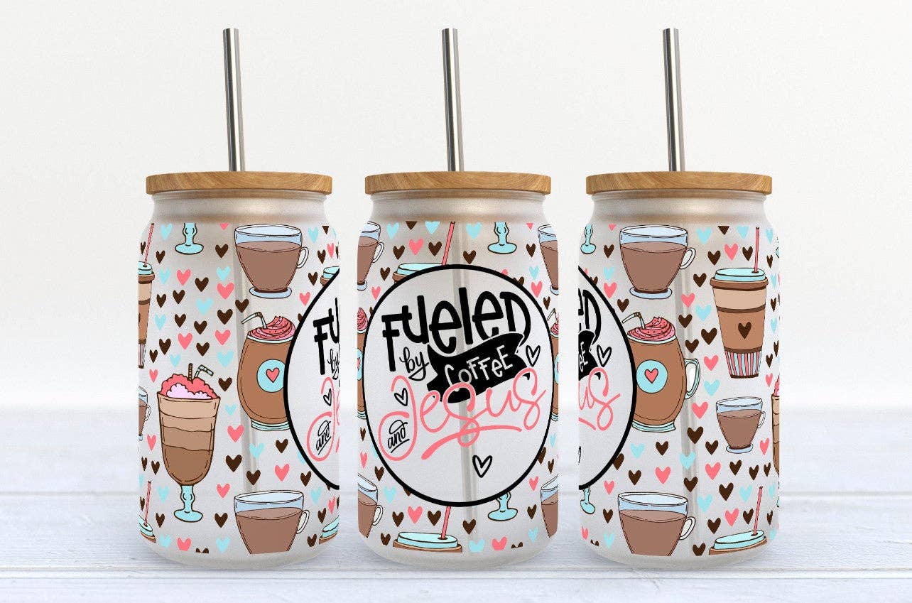 Kate Haven Glass Tumblers for Every Occasion - Fueled by Coffee and Jesus 16oz Libby Glass Tumbler