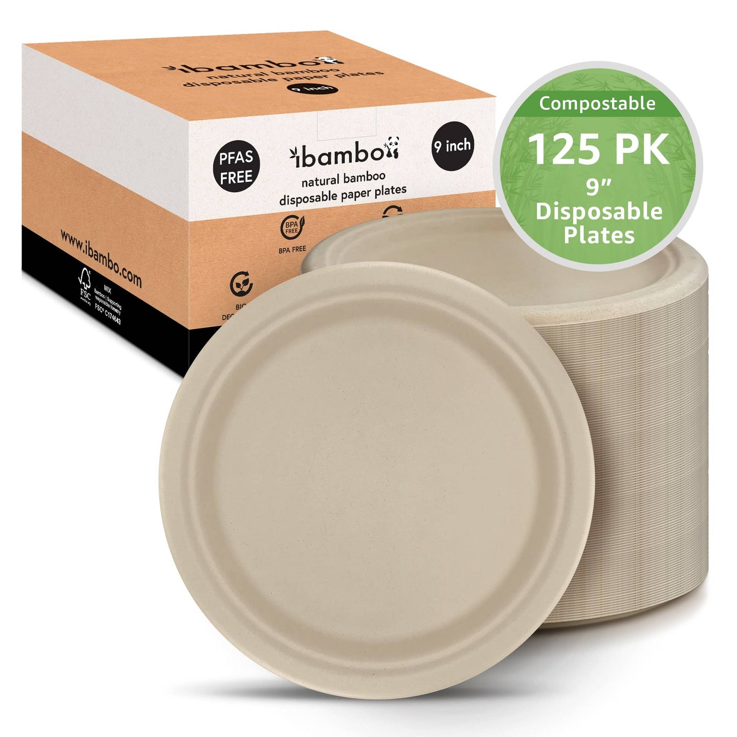 Ibambo Bamboo Disposable Paper Plates - 9 Inch - 125 Pack