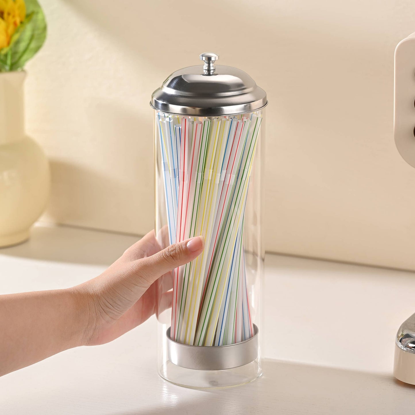 Fox Run Brands - Fox Run Glass Straw Holder with Stainless Steel Lid & Lifter
