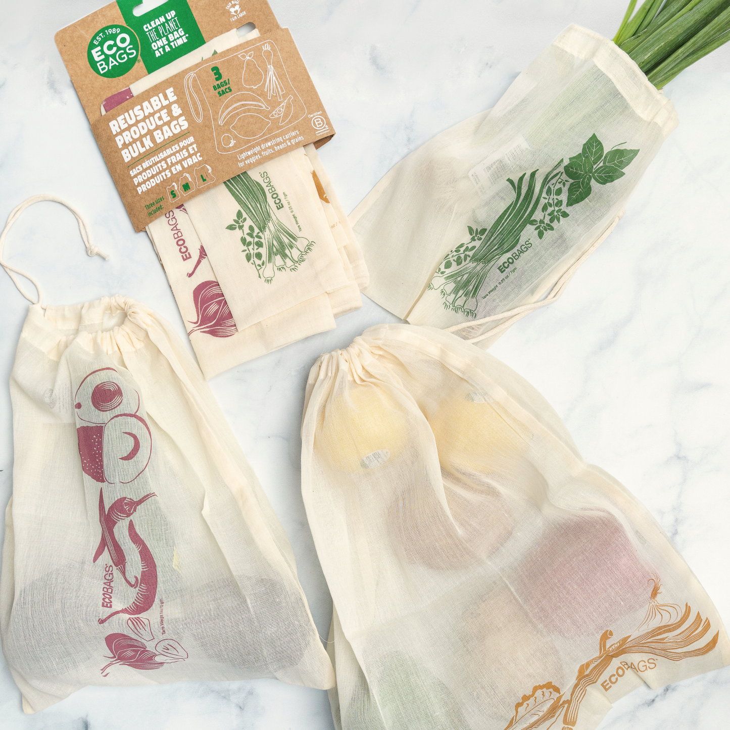 ECOBAGS - Organic Cotton Printed Reusable Produce Bags - 3 Pack