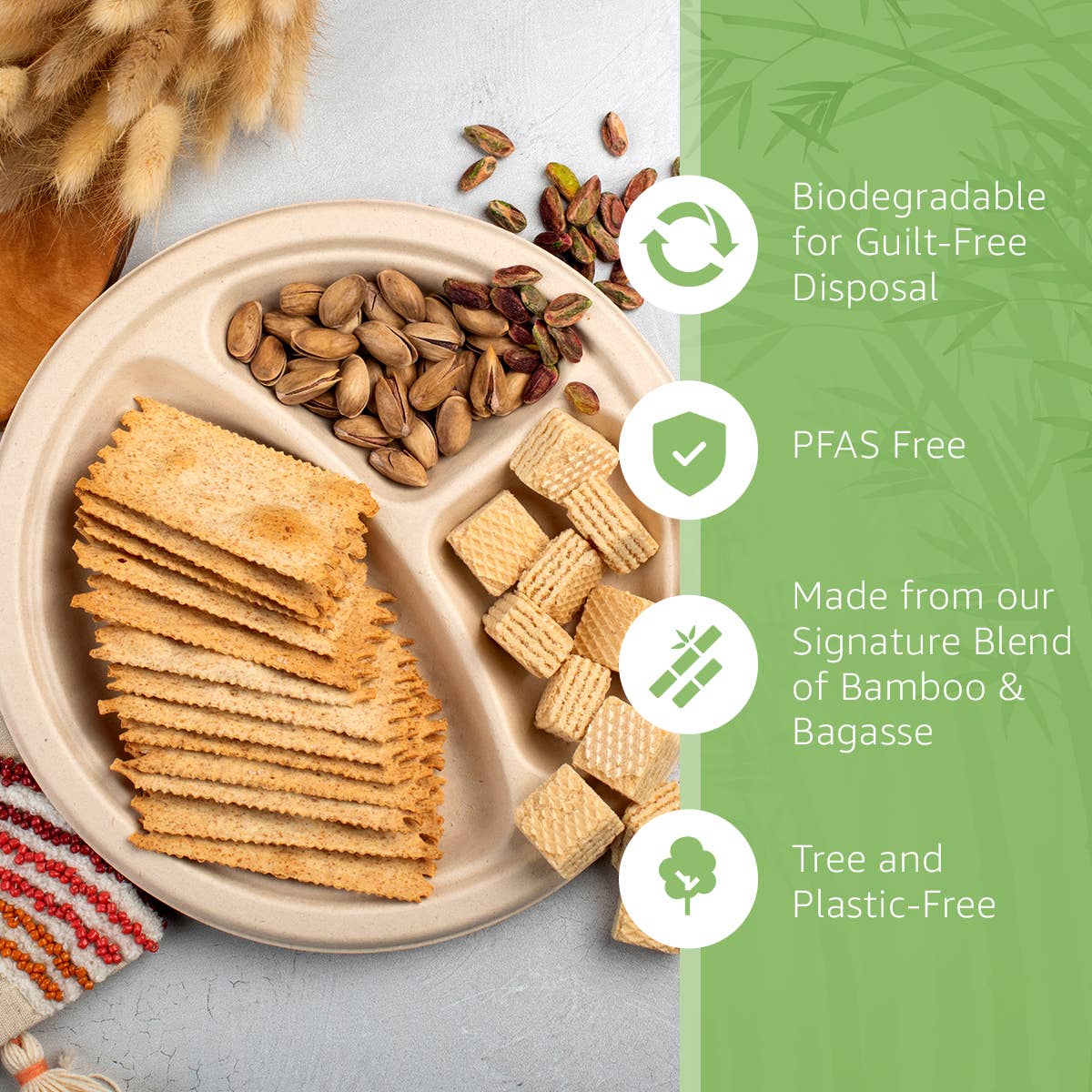 Ibambo Bamboo Disposable Compartment Plates - 9" - 50 Pack