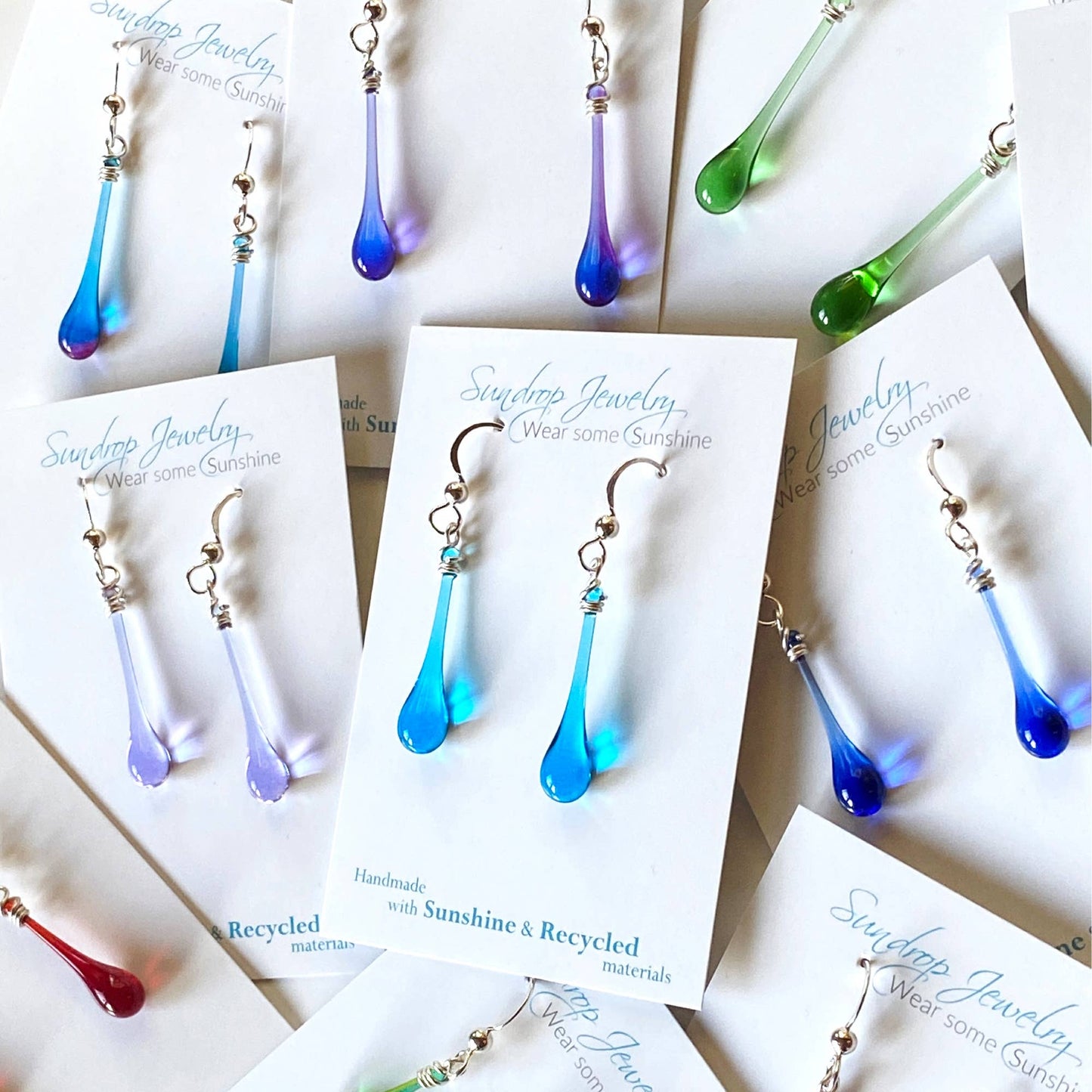 Sundrop Jewelry - Aqua Recycled Glass Raindrop Earrings, Elegant & Ecofriendly