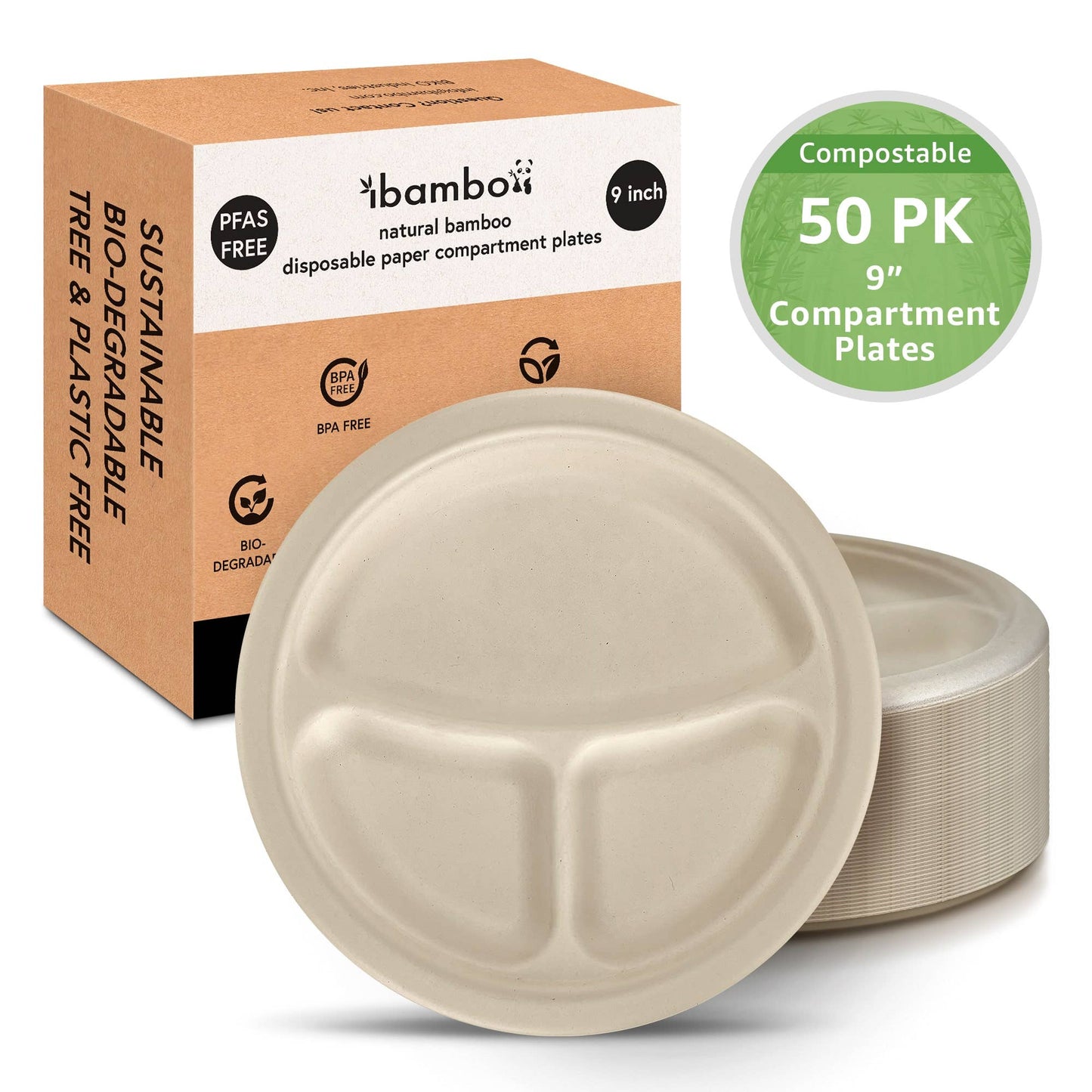 Ibambo Bamboo Disposable Compartment Plates - 9" - 50 Pack
