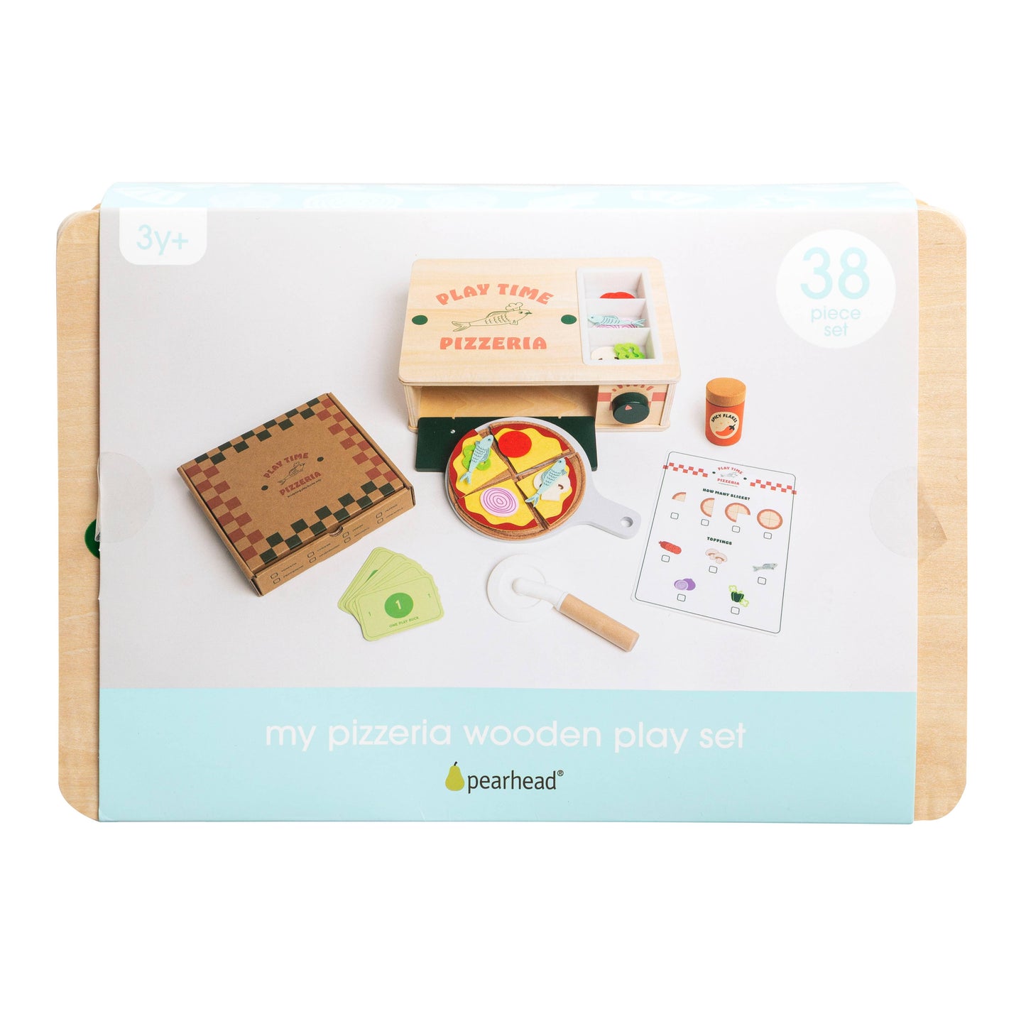 Pearhead - Wooden Pizzeria Toy Set, 18-Piece Pizza Pretend Play Food