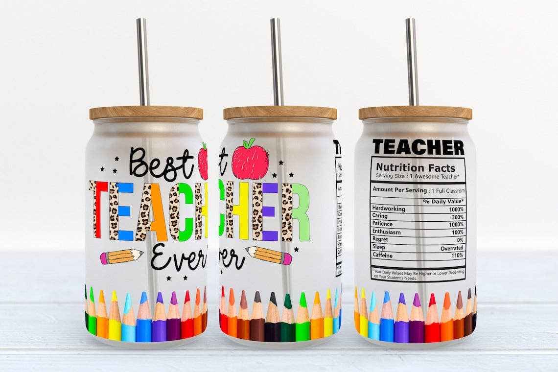 Kate Haven Glass Tumblers for Every Occasion - Best Teacher Ever 16oz Frosted Libbey Glass Tumbler