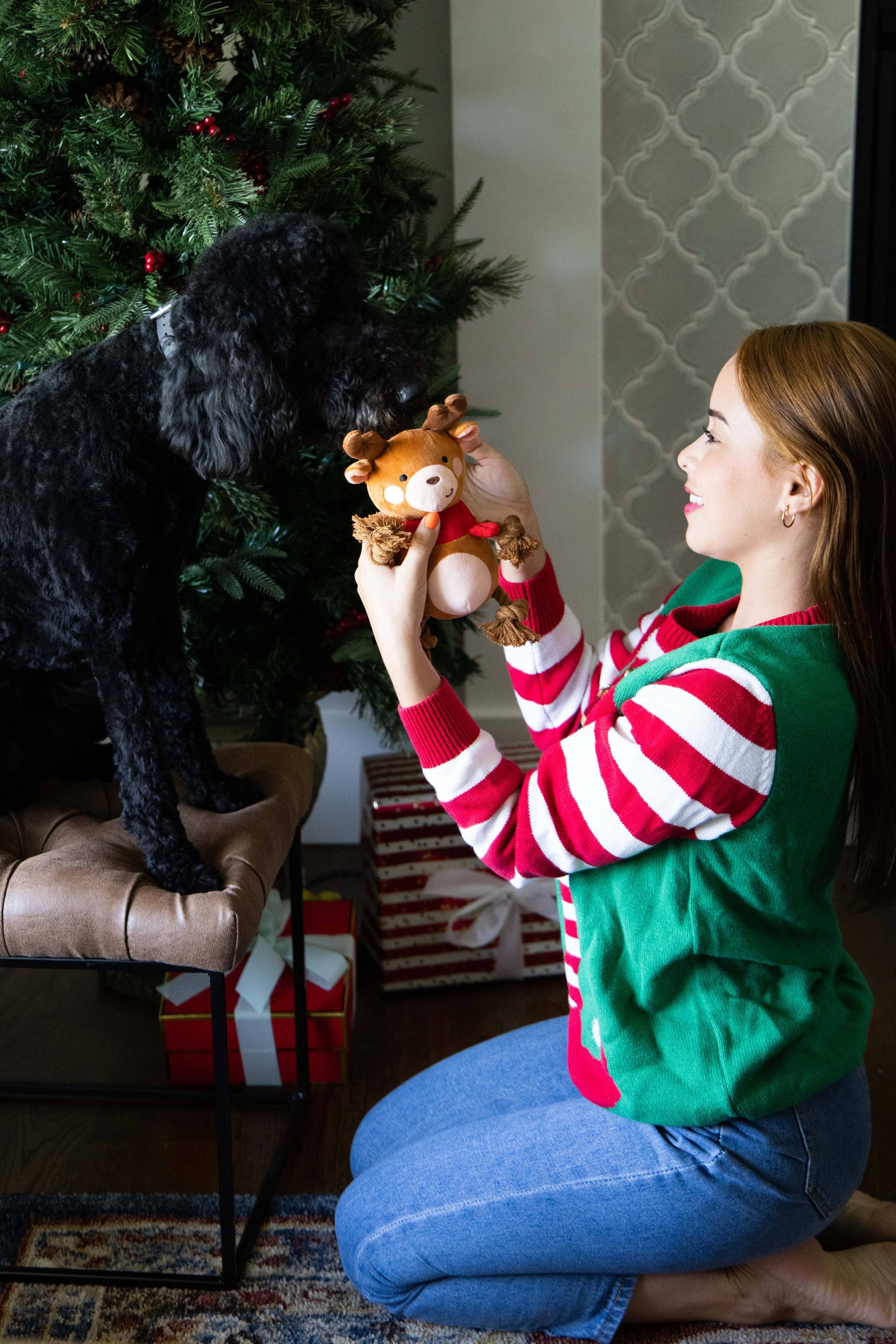 Pearhead - Reindeer Plush Rope Christmas Dog Toy, Holiday Pet Gift