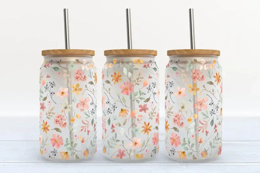 Kate Haven Glass Tumblers for Every Occasion -  Spring Time Flowers 16oz Frosted Glass Tumbler 