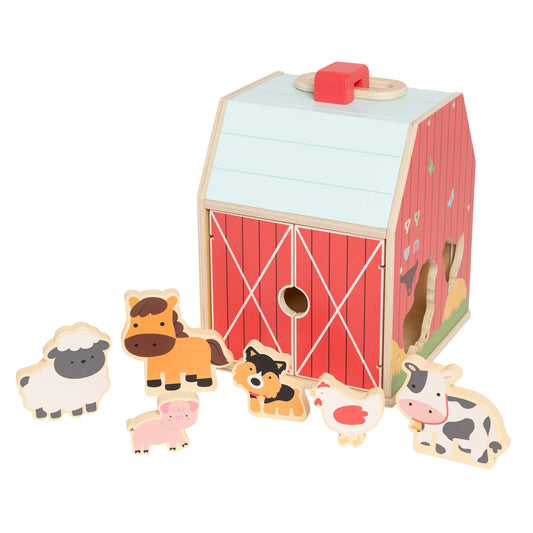 Pearhead - Wooden Barn Shape Sorter Toy, Farm Animals Montessori Play