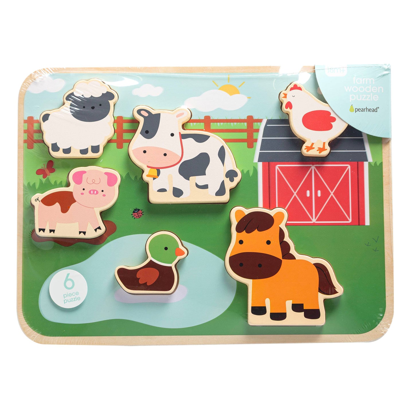 Pearhead - Wooden Barn Animal Puzzle, 6 piece Farm Sounds Learning Toy