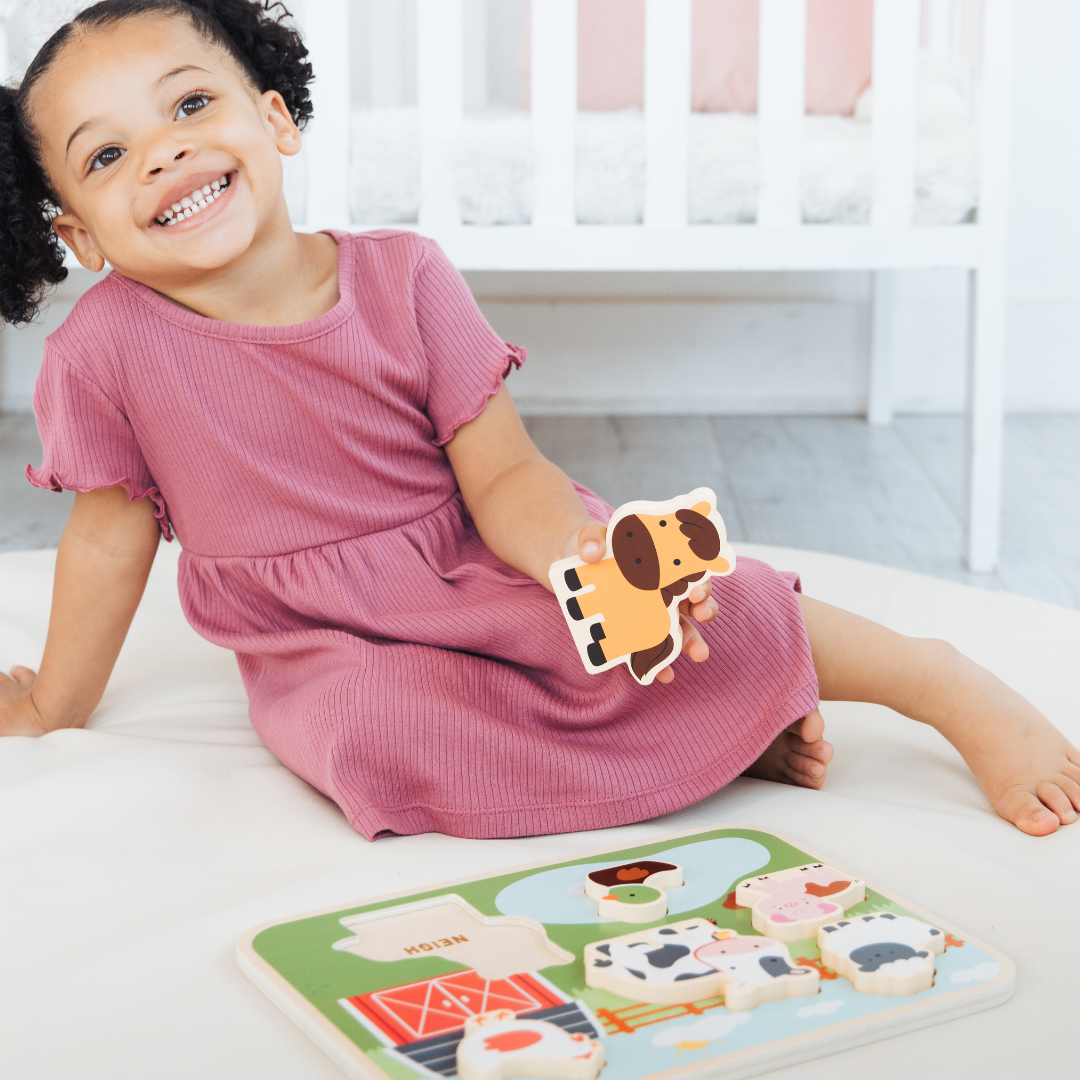 Pearhead - Wooden Barn Animal Puzzle, 6 piece Farm Sounds Learning Toy