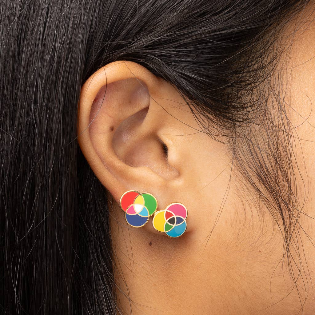 RGB and CMYK Earrings - Gold Colorful Artist Statement Studs