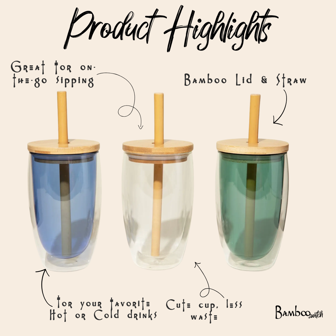 Reusable Glass Tumbler Cup + Bamboo Straw