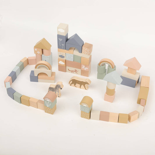 Wooden Safari Building Blocks - Set 70pc Natural Wood 2+
