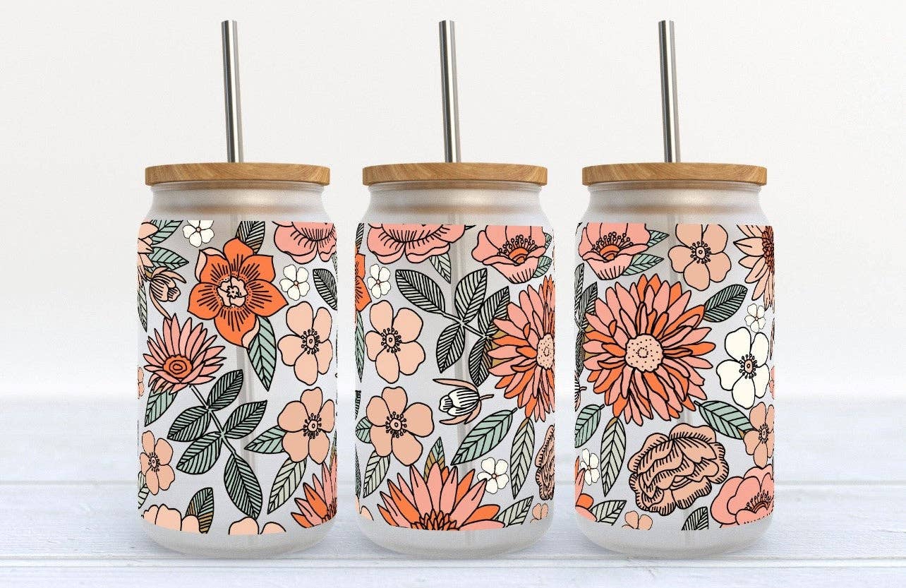 Peach and Orange Floral - 16oz Libby Glass Tumbler