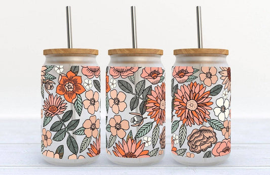 Peach and Orange Floral - 16oz Libby Glass Tumbler