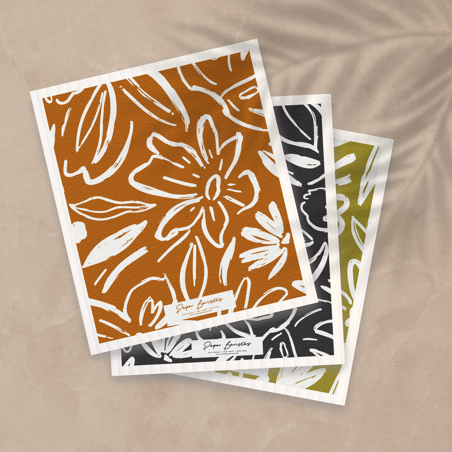 Paper Baristas - Set of 3 Swedish Dishcloth: Earthy Florals Combo