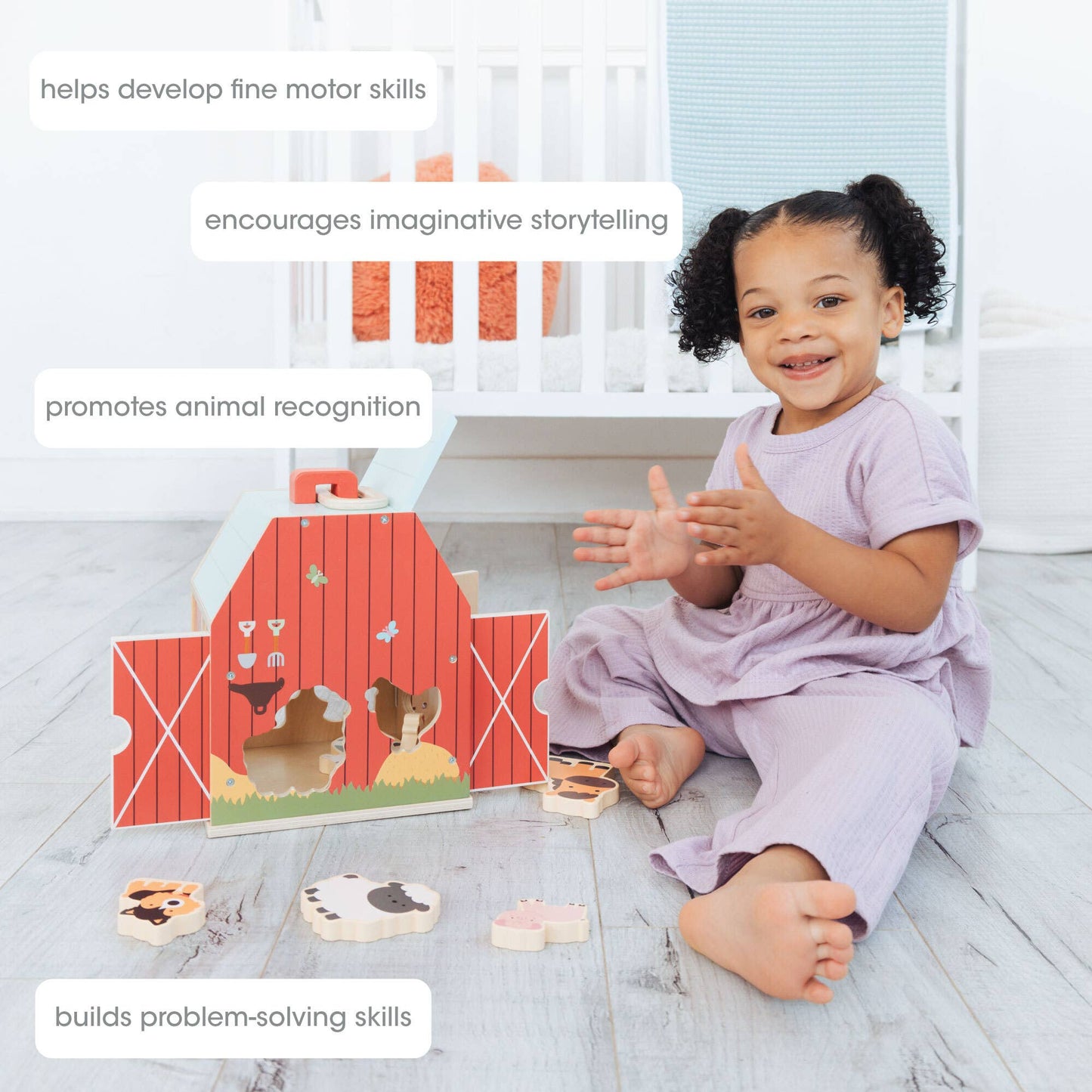 Pearhead - Wooden Barn Shape Sorter Toy, Farm Animals Montessori Play