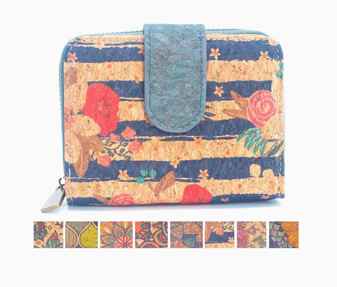 Natural Cork Printed Women's Short Card Wallet - Stripe