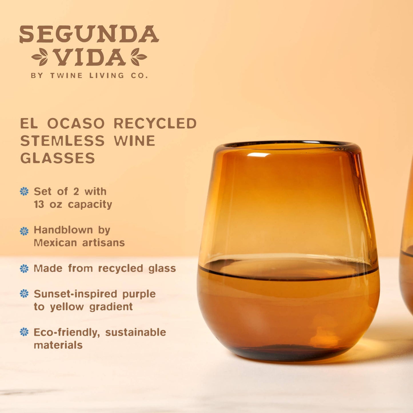 Segunda Vida El Ocaso Recycled Stemless Wine Glass Set of 2