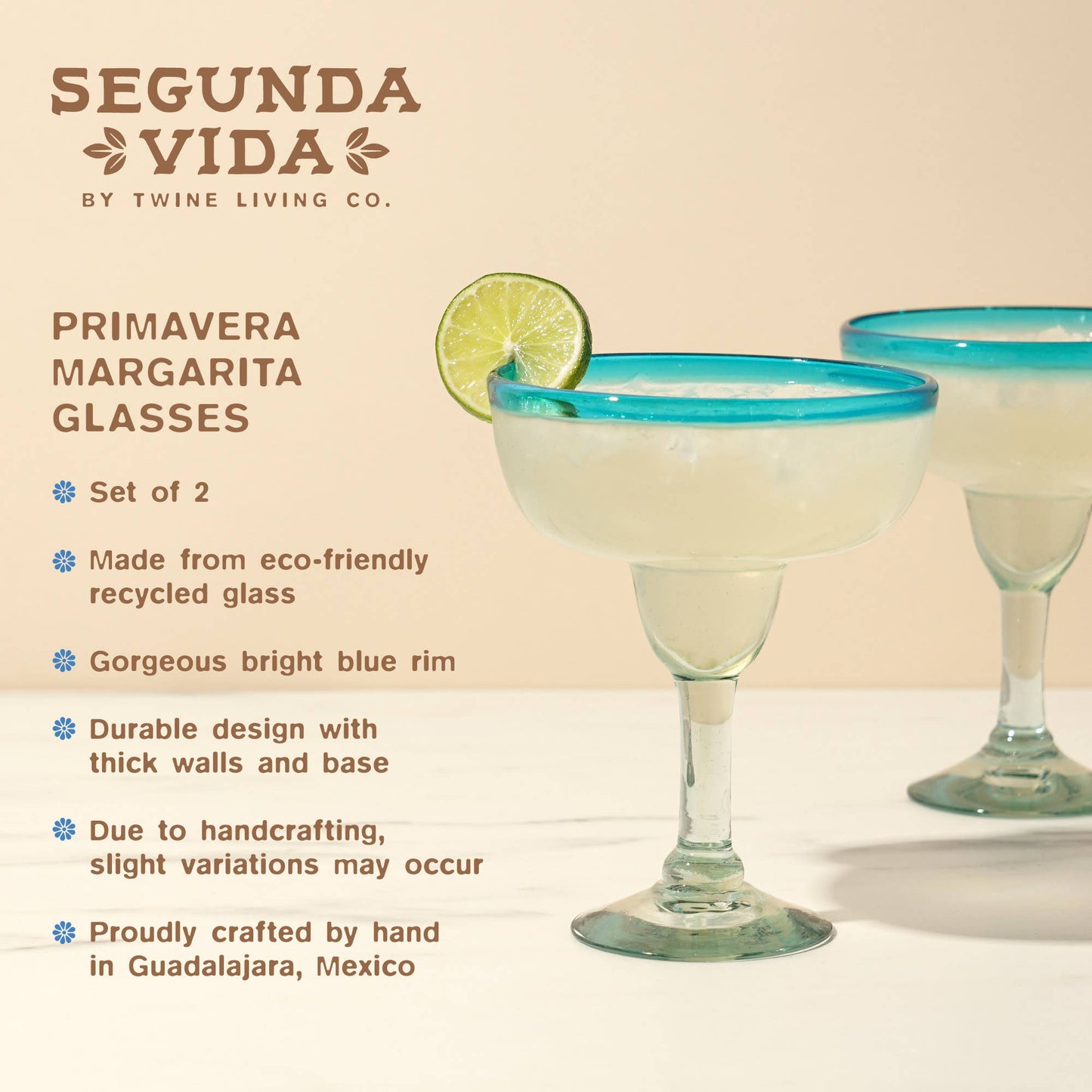 Primavera Recycled Glass Margarita Glasses Set of 2