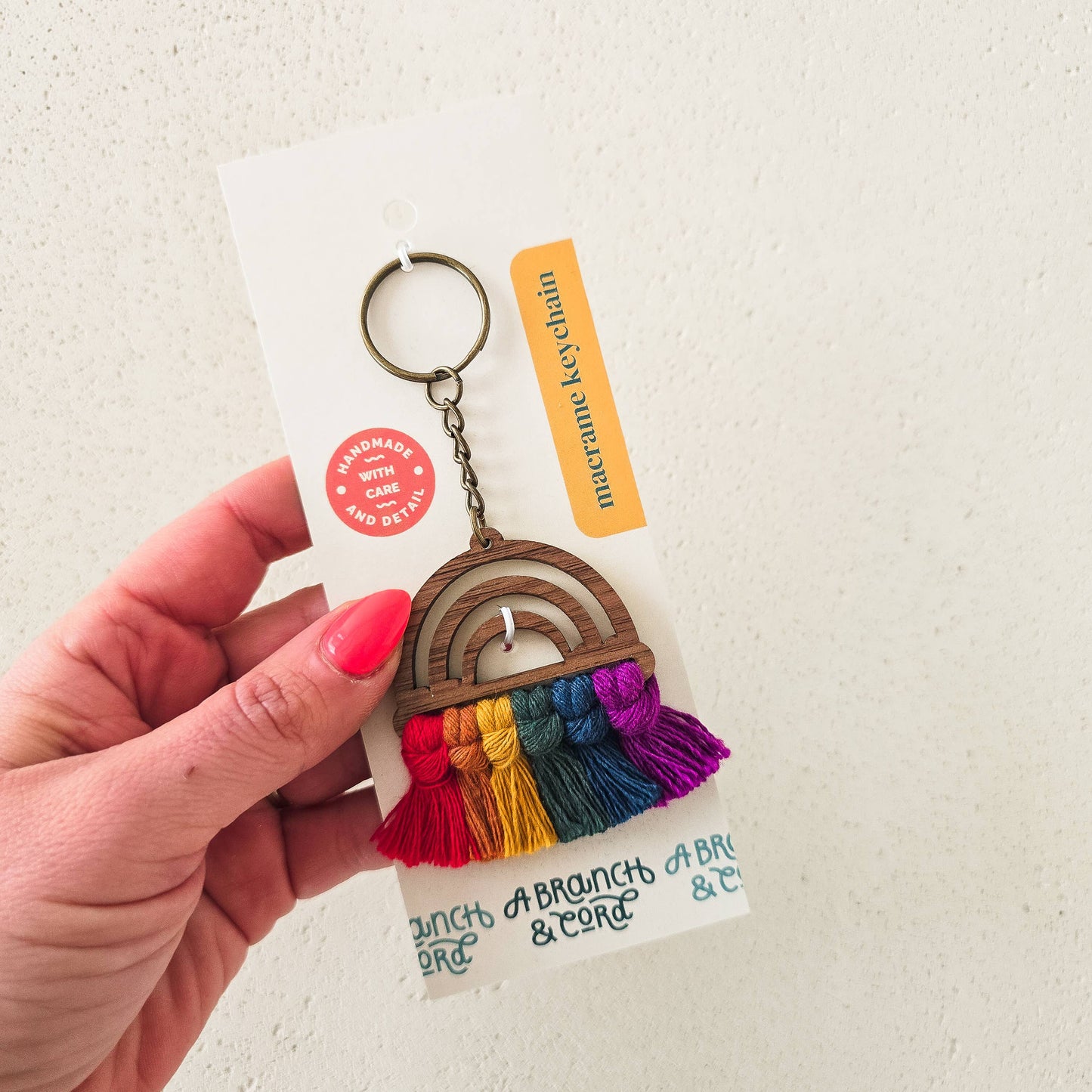 Macrame Wood Rainbow Keychain