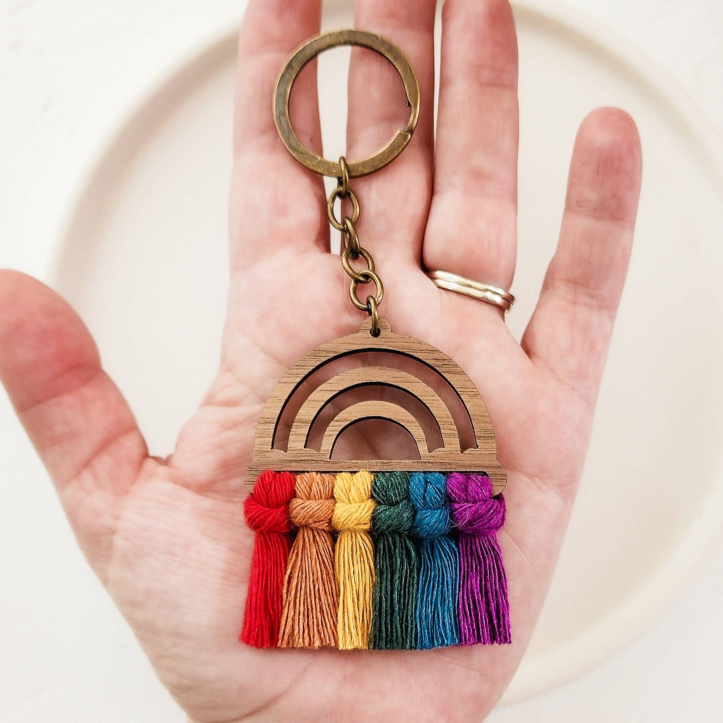 Macrame Wood Rainbow Keychain