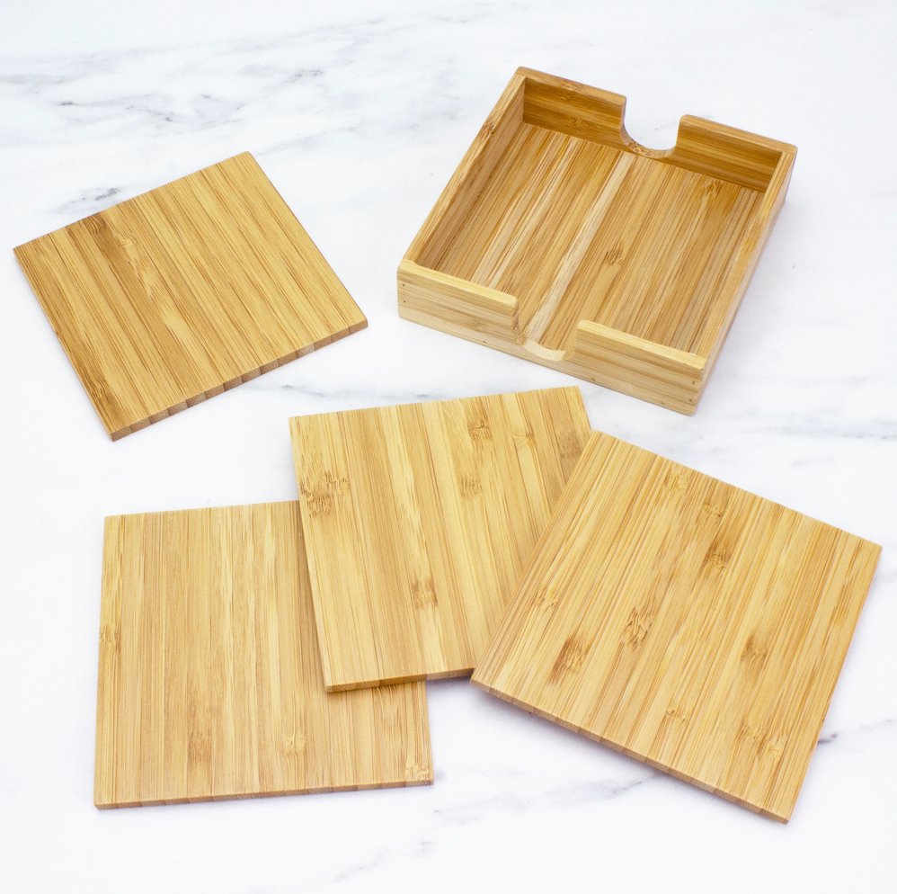 Bamboo Coaster Set - 4 piece with Holder