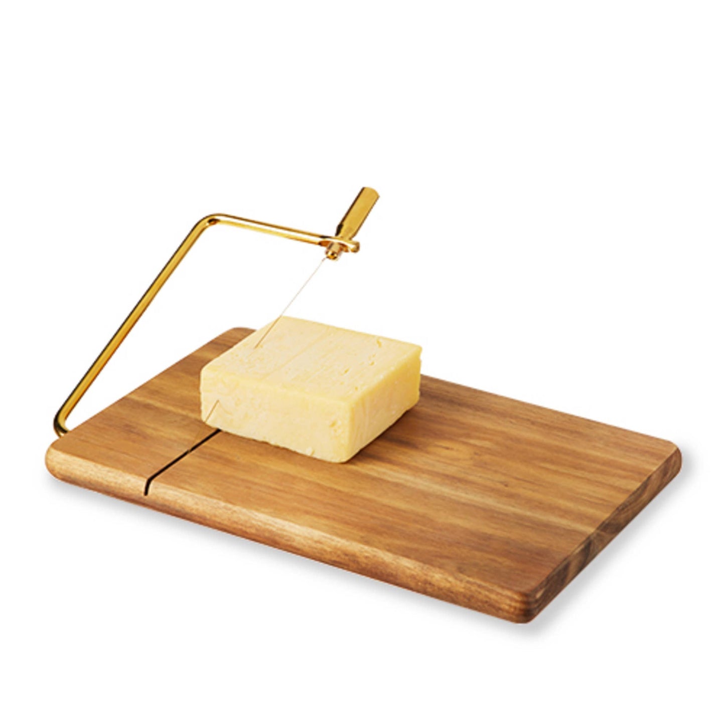 10 inch Acacia Cheese Slicing Board Gold Handled Wire Slicer
